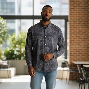 BoohooMAN Shirt Men’s 2XL Black Brown Paisley Long Sleeve Button Up Collared Top